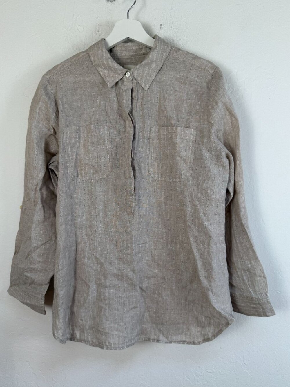 Chico's Womens Linen Shirt Blouse Pullover Beige Striped Henley Roll Sleeve NWOT